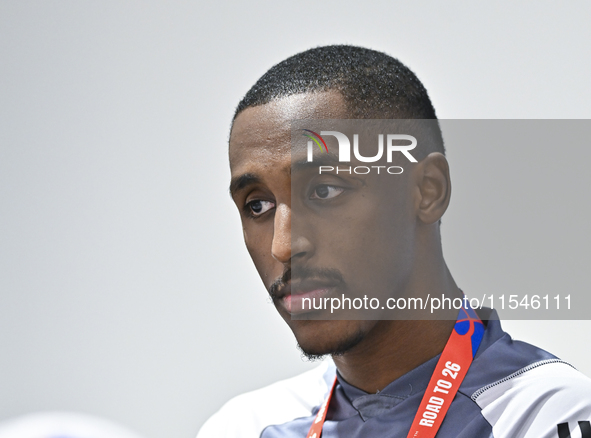 United Arab Emirates national team player Khalifa Al Hammadi attends a press conference at Ahmad Bin Ali Stadium in Al Rayyan, Qatar, on Sep...