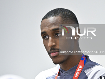 United Arab Emirates national team player Khalifa Al Hammadi attends a press conference at Ahmad Bin Ali Stadium in Al Rayyan, Qatar, on Sep...