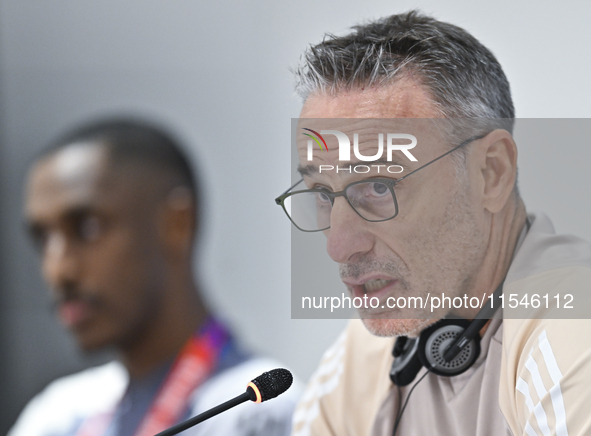 United Arab Emirates national team head coach Paulo Bento attends a press conference at Ahmad Bin Ali Stadium in Al Rayyan, Qatar, on Septem...