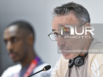 United Arab Emirates national team head coach Paulo Bento attends a press conference at Ahmad Bin Ali Stadium in Al Rayyan, Qatar, on Septem...