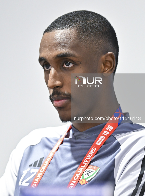 United Arab Emirates national team player Khalifa Al Hammadi attends a press conference at Ahmad Bin Ali Stadium in Al Rayyan, Qatar, on Sep...