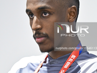 United Arab Emirates national team player Khalifa Al Hammadi attends a press conference at Ahmad Bin Ali Stadium in Al Rayyan, Qatar, on Sep...