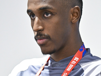 United Arab Emirates national team player Khalifa Al Hammadi attends a press conference at Ahmad Bin Ali Stadium in Al Rayyan, Qatar, on Sep...