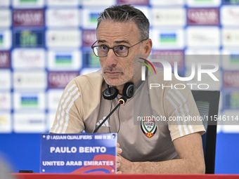 United Arab Emirates national team head coach Paulo Bento attends a press conference at Ahmad Bin Ali Stadium in Al Rayyan, Qatar, on Septem...