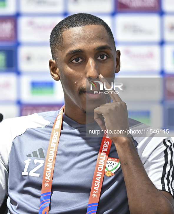 United Arab Emirates national team player Khalifa Al Hammadi attends a press conference at Ahmad Bin Ali Stadium in Al Rayyan, Qatar, on Sep...