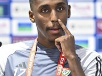 United Arab Emirates national team player Khalifa Al Hammadi attends a press conference at Ahmad Bin Ali Stadium in Al Rayyan, Qatar, on Sep...