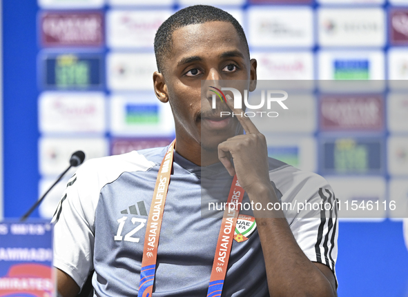 United Arab Emirates national team player Khalifa Al Hammadi attends a press conference at Ahmad Bin Ali Stadium in Al Rayyan, Qatar, on Sep...