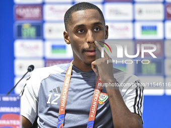 United Arab Emirates national team player Khalifa Al Hammadi attends a press conference at Ahmad Bin Ali Stadium in Al Rayyan, Qatar, on Sep...