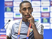 United Arab Emirates national team player Khalifa Al Hammadi attends a press conference at Ahmad Bin Ali Stadium in Al Rayyan, Qatar, on Sep...