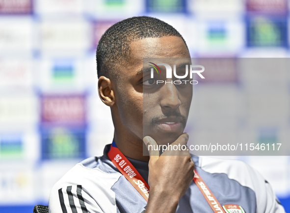 United Arab Emirates national team player Khalifa Al Hammadi attends a press conference at Ahmad Bin Ali Stadium in Al Rayyan, Qatar, on Sep...