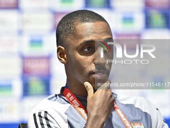 United Arab Emirates national team player Khalifa Al Hammadi attends a press conference at Ahmad Bin Ali Stadium in Al Rayyan, Qatar, on Sep...