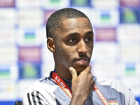 United Arab Emirates national team player Khalifa Al Hammadi attends a press conference at Ahmad Bin Ali Stadium in Al Rayyan, Qatar, on Sep...