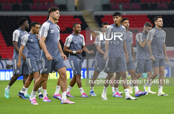 Players of the United Arab Emirates National team train at Ahmad Bin Ali Stadium in Al Rayyan, Qatar, on September 4, 2024, on the eve of th...