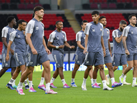 Players of the United Arab Emirates National team train at Ahmad Bin Ali Stadium in Al Rayyan, Qatar, on September 4, 2024, on the eve of th...