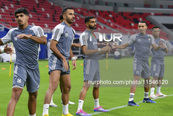 Players of the United Arab Emirates National team train at Ahmad Bin Ali Stadium in Al Rayyan, Qatar, on September 4, 2024, on the eve of th...