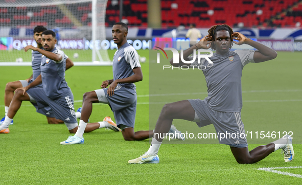 Junior Ndiaye of the United Arab Emirates National team trains at Ahmad Bin Ali Stadium in Al Rayyan, Qatar, on September 4, 2024, on the ev...