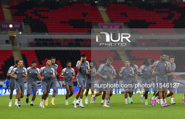 Players of the United Arab Emirates National team train at Ahmad Bin Ali Stadium in Al Rayyan, Qatar, on September 4, 2024, on the eve of th...