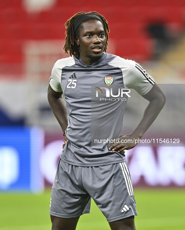 Junior Ndiaye of the United Arab Emirates National team trains at Ahmad Bin Ali Stadium in Al Rayyan, Qatar, on September 4, 2024, on the ev...