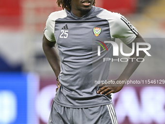 Junior Ndiaye of the United Arab Emirates National team trains at Ahmad Bin Ali Stadium in Al Rayyan, Qatar, on September 4, 2024, on the ev...