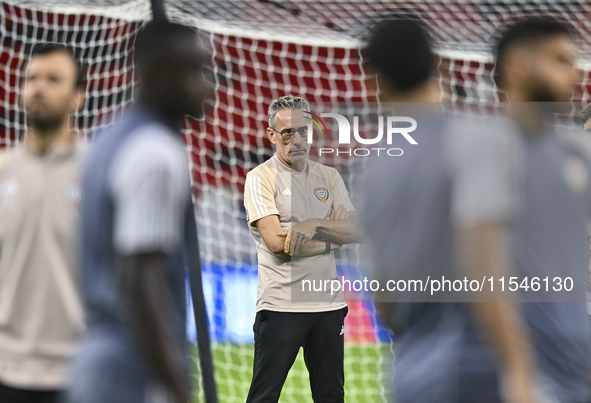 Head coach Paulo Bento of the United Arab Emirates National Team attends a training session at Ahmad Bin Ali Stadium in Al Rayyan, Qatar, on...