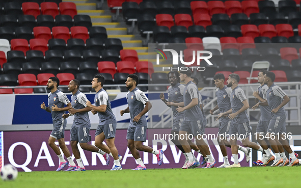 Players of the United Arab Emirates National team train at Ahmad Bin Ali Stadium in Al Rayyan, Qatar, on September 4, 2024, on the eve of th...