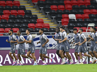 Players of the United Arab Emirates National team train at Ahmad Bin Ali Stadium in Al Rayyan, Qatar, on September 4, 2024, on the eve of th...