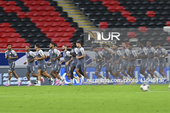 Players of the United Arab Emirates National team train at Ahmad Bin Ali Stadium in Al Rayyan, Qatar, on September 4, 2024, on the eve of th...