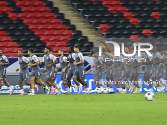 Players of the United Arab Emirates National team train at Ahmad Bin Ali Stadium in Al Rayyan, Qatar, on September 4, 2024, on the eve of th...