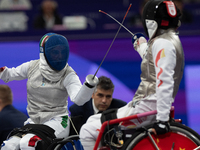 Beatrice Maria ''Bebe'' Vio Grandis of Italy competes against Rong Xiao of China during the Women's Foil Category B Semifinal at Gran Palais...