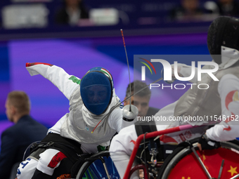 Beatrice Maria ''Bebe'' Vio Grandis of Italy competes against Rong Xiao of China during the Women's Foil Category B Semifinal at Gran Palais...