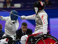 Beatrice Maria ''Bebe'' Vio Grandis of Italy competes against Rong Xiao of China during the Women's Foil Category B Semifinal at Gran Palais...