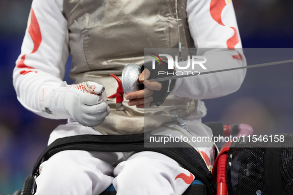 Detail of the foil of Rong Xiao of China during the Women's Foil Category B Semifinal at Gran Palais during the Paris 2024 Paralympic Games...