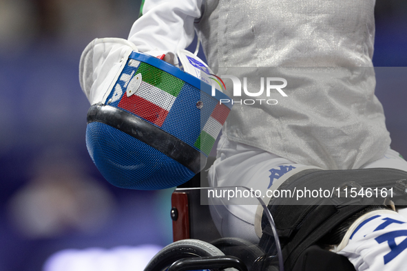 Detail of the fencing mask of Maria ''Bebe'' Vio Grandis of Italy during the Women's Foil Category B Semifinal at Gran Palais during the Par...