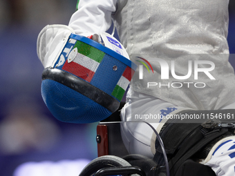 Detail of the fencing mask of Maria ''Bebe'' Vio Grandis of Italy during the Women's Foil Category B Semifinal at Gran Palais during the Par...