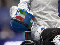 Detail of the fencing mask of Maria ''Bebe'' Vio Grandis of Italy during the Women's Foil Category B Semifinal at Gran Palais during the Par...