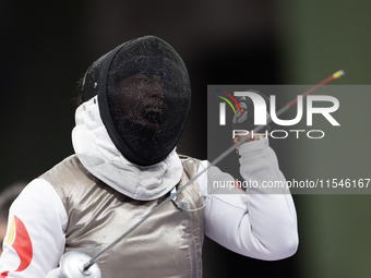 Rong Xiao of China reacts after she wins against Beatrice Maria ''Bebe'' Vio Grandis during the Women's Foil Category B Semifinal at Gran Pa...