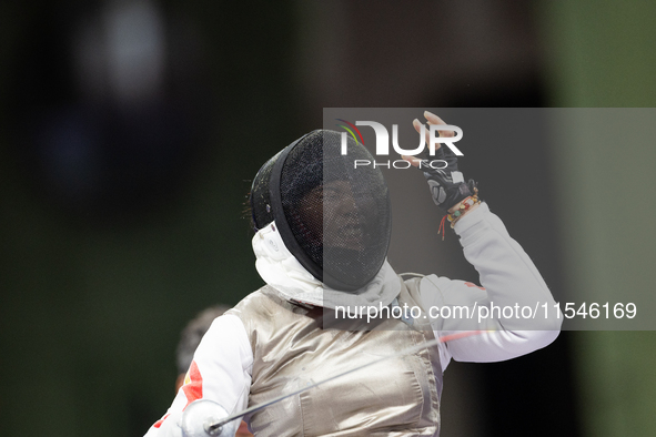 Rong Xiao of China reacts after she wins against Beatrice Maria ''Bebe'' Vio Grandis during the Women's Foil Category B Semifinal at Gran Pa...