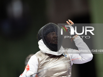 Rong Xiao of China reacts after she wins against Beatrice Maria ''Bebe'' Vio Grandis during the Women's Foil Category B Semifinal at Gran Pa...