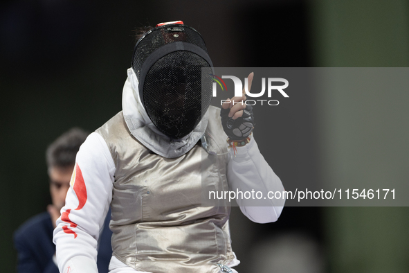 Rong Xiao of China reacts after she wins against Beatrice Maria ''Bebe'' Vio Grandis during the Women's Foil Category B Semifinal at Gran Pa...