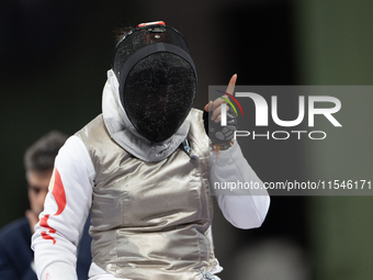 Rong Xiao of China reacts after she wins against Beatrice Maria ''Bebe'' Vio Grandis during the Women's Foil Category B Semifinal at Gran Pa...