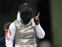 Rong Xiao of China reacts after she wins against Beatrice Maria ''Bebe'' Vio Grandis during the Women's Foil Category B Semifinal at Gran Pa...