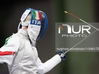 Beatrice Maria ''Bebe'' Vio Grandis of Italy competes against Rong Xiao of China during the Women's Foil Category B Semifinal at Gran Palais...