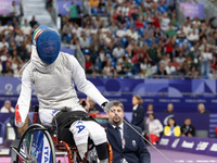 Beatrice Maria ''Bebe'' Vio Grandis of Italy competes against Rong Xiao of China during the Women's Foil Category B Semifinal at Gran Palais...