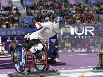 Beatrice Maria ''Bebe'' Vio Grandis of Italy competes against Rong Xiao of China during the Women's Foil Category B Semifinal at Gran Palais...