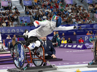 Beatrice Maria ''Bebe'' Vio Grandis of Italy competes against Rong Xiao of China during the Women's Foil Category B Semifinal at Gran Palais...