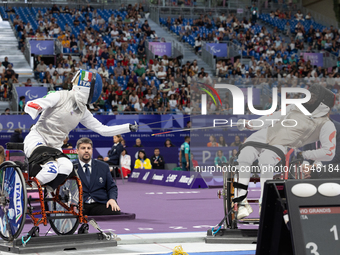 Beatrice Maria ''Bebe'' Vio Grandis of Italy competes against Rong Xiao of China during the Women's Foil Category B Semifinal at Gran Palais...