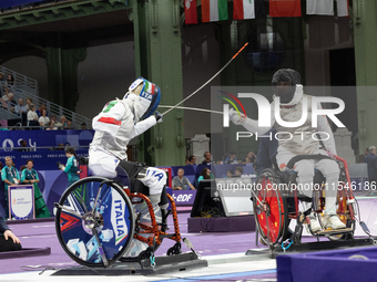 Beatrice Maria ''Bebe'' Vio Grandis of Italy competes against Rong Xiao of China during the Women's Foil Category B Semifinal at Gran Palais...