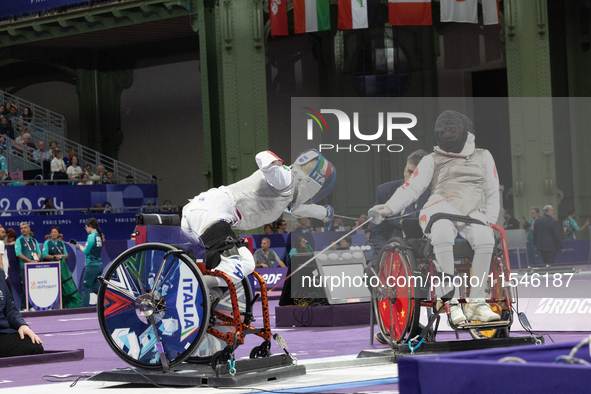 Beatrice Maria ''Bebe'' Vio Grandis of Italy competes against Rong Xiao of China during the Women's Foil Category B Semifinal at Gran Palais...