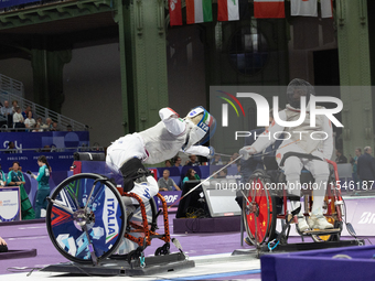 Beatrice Maria ''Bebe'' Vio Grandis of Italy competes against Rong Xiao of China during the Women's Foil Category B Semifinal at Gran Palais...