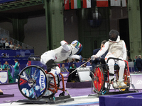 Beatrice Maria ''Bebe'' Vio Grandis of Italy competes against Rong Xiao of China during the Women's Foil Category B Semifinal at Gran Palais...